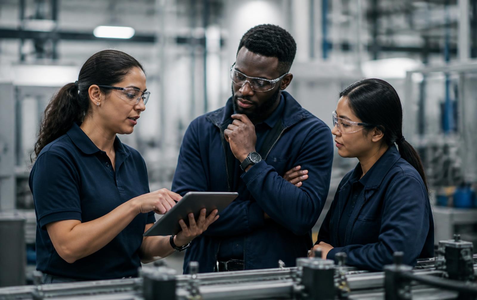 Plant manager and engineers reviewing stable, well-run production together